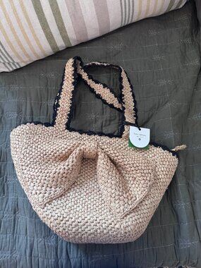 Kate Spade Raffia Straw Beige and Black Bow Totebag